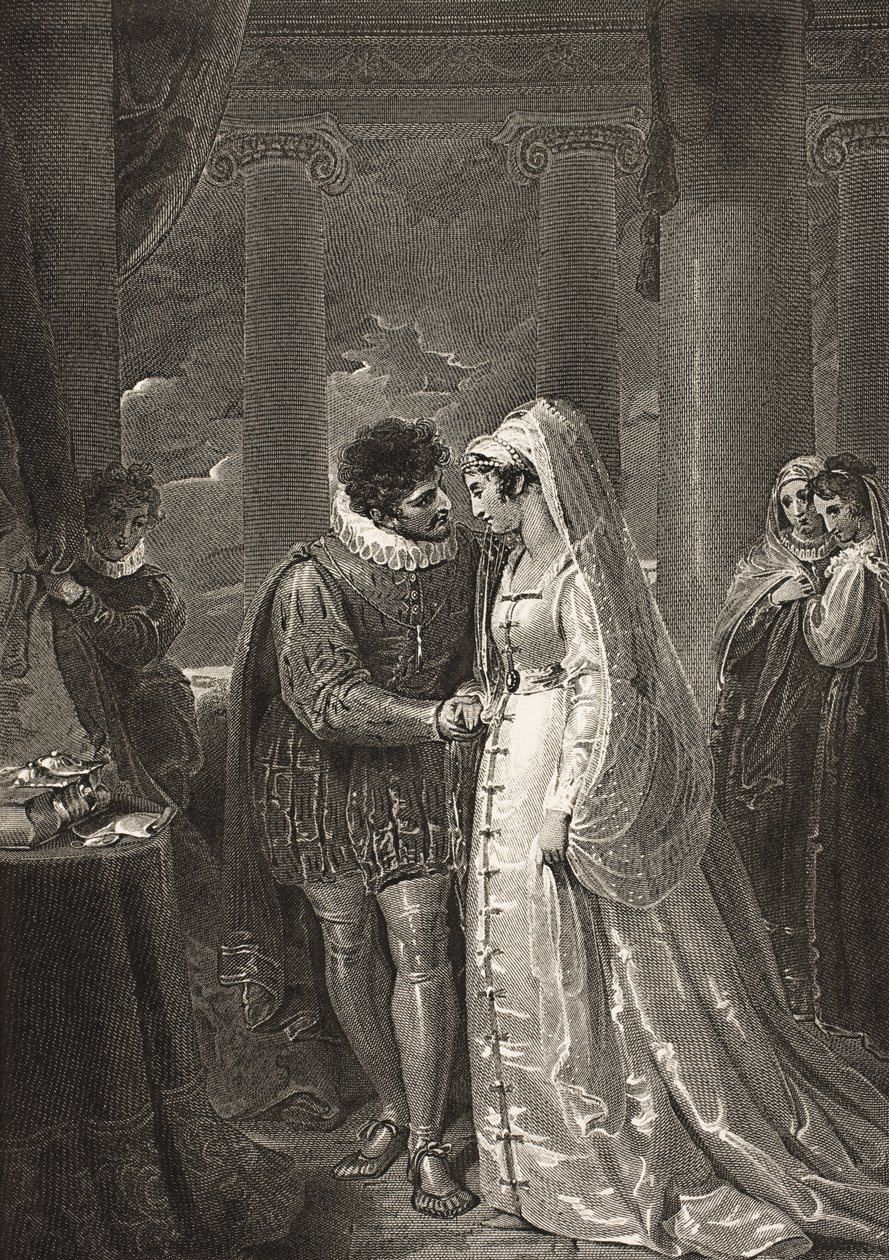Pokój w domu Portii, akt III, scena II, z „Kupca weneckiego”, z The Boydell Shakespeare Gallery, wydana pod koniec XIX wieku autorstwa Richard Westall