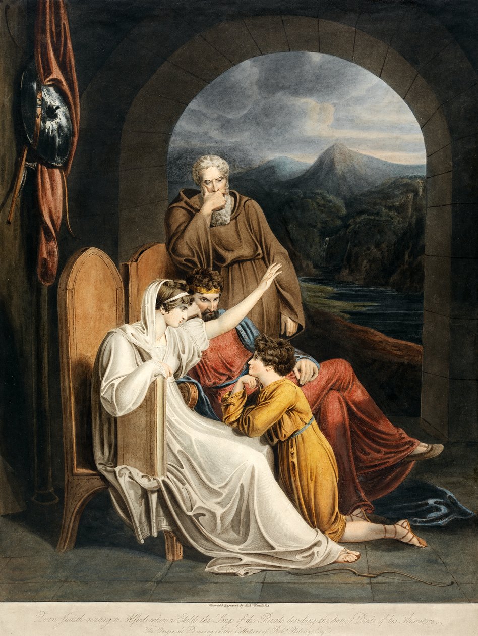 Królowa Judyta recytująca Alfredowi, gdy Dziecko Pieśni Bardów opisuje heroiczne czyny pubu jego Przodków. 1801 autorstwa Richard Westall