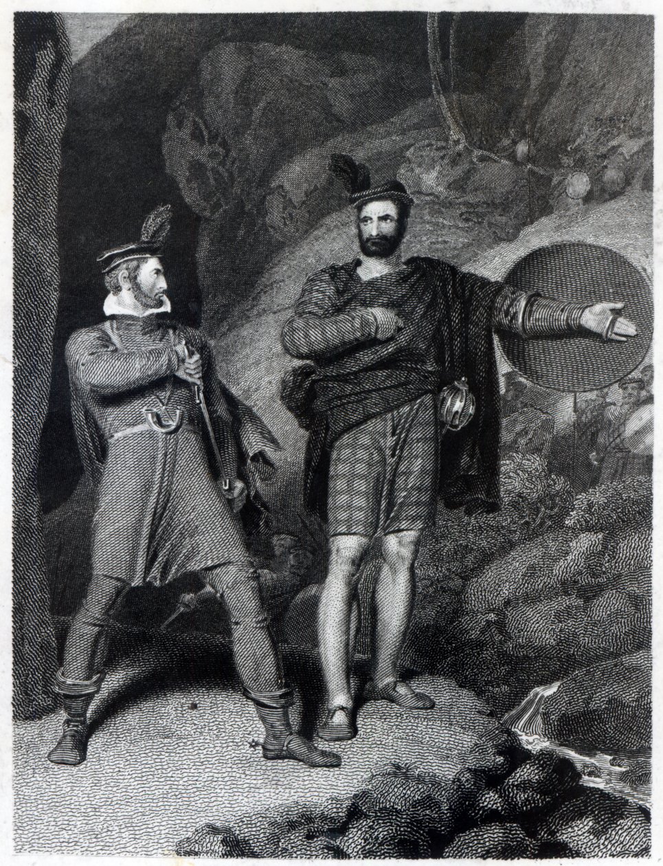 Roderick Dhu and a Clansman, 1810, z „Pani Jeziora” Waltera Scotta (1771-1832) autorstwa Richard Westall