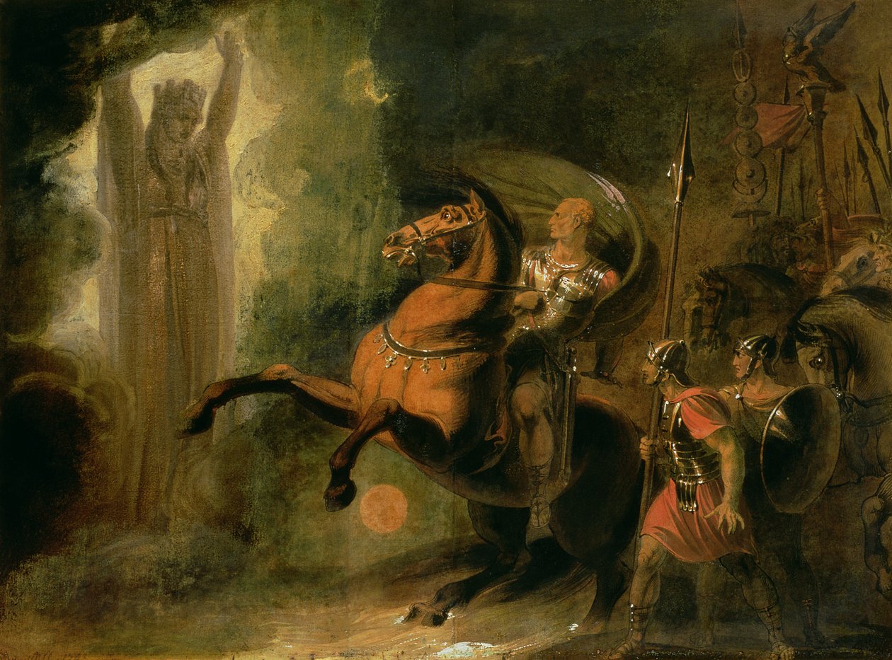 Bogini Roma ukazująca się Juliuszowi Cezarowi na brzegu Rubikonu, ok. 1793 (toaleta i olej na papierze) autorstwa Richard Westall
