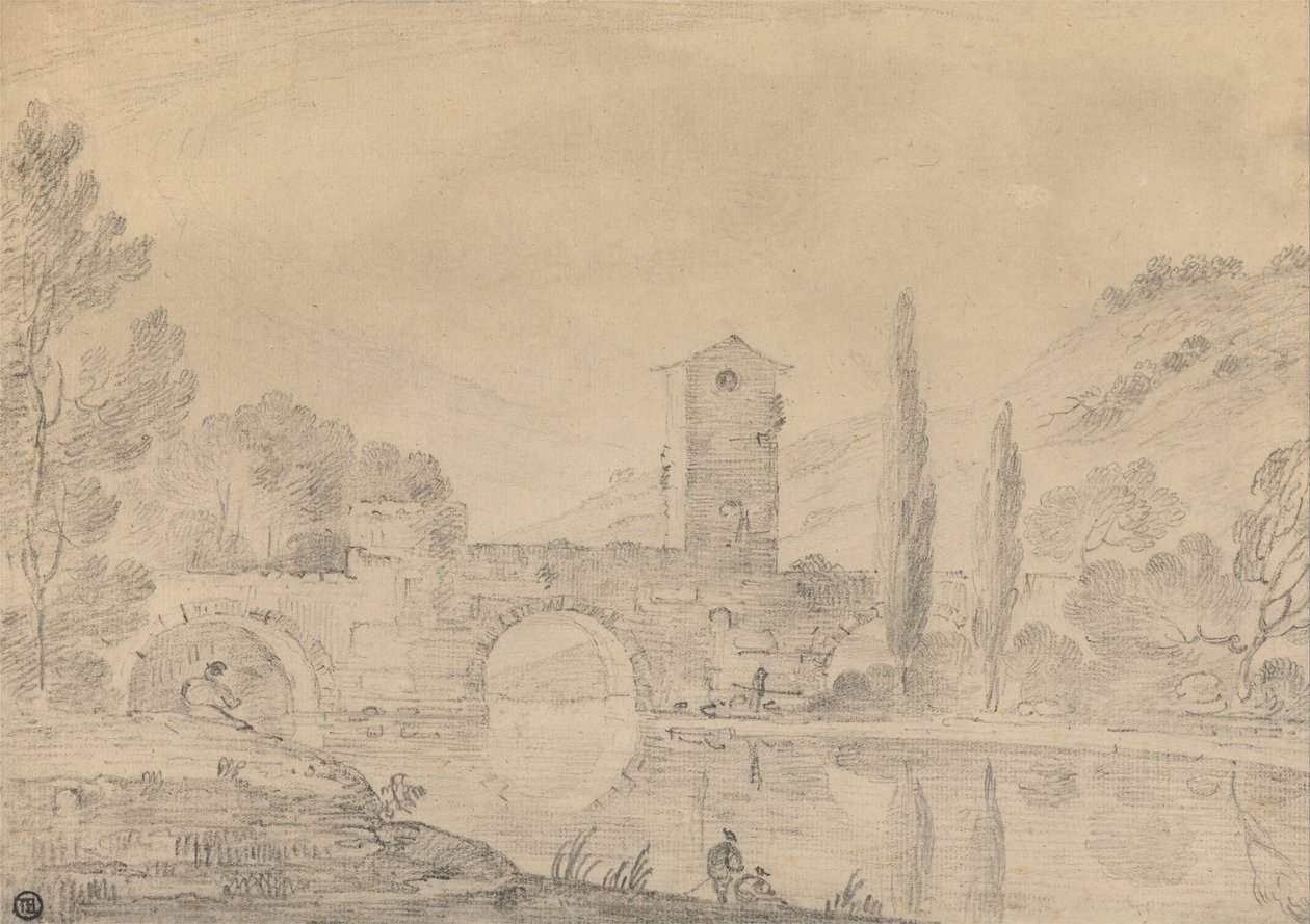 Włoski pejzaż z mostem o trzech łukach, domem mostowym, figurami na pobliskim brzegu i topolami na odległym... autorstwa Richard Wilson
