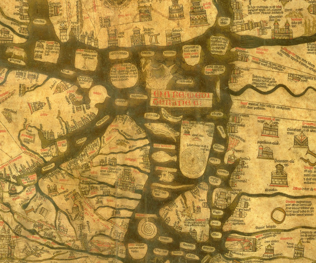 Fragment Morza Śródziemnego z Mappa Mundi, c.1290 autorstwa Richard of Haldingham fl.c.1260 1305 Richard of Haldingham fl.c.1260 1305