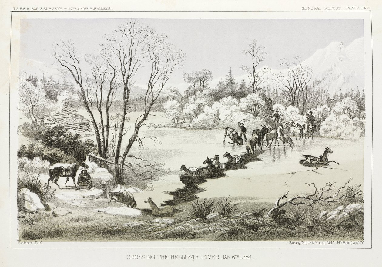 Przeprawa przez rzekę Hellgate, Montana, USA, 6 stycznia 1854 r. autorstwa John Pardon