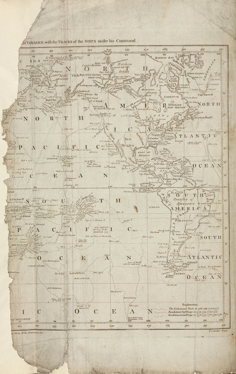 Mapa rejsów Cooka, ok. 1780 r. autorstwa John Pardon
