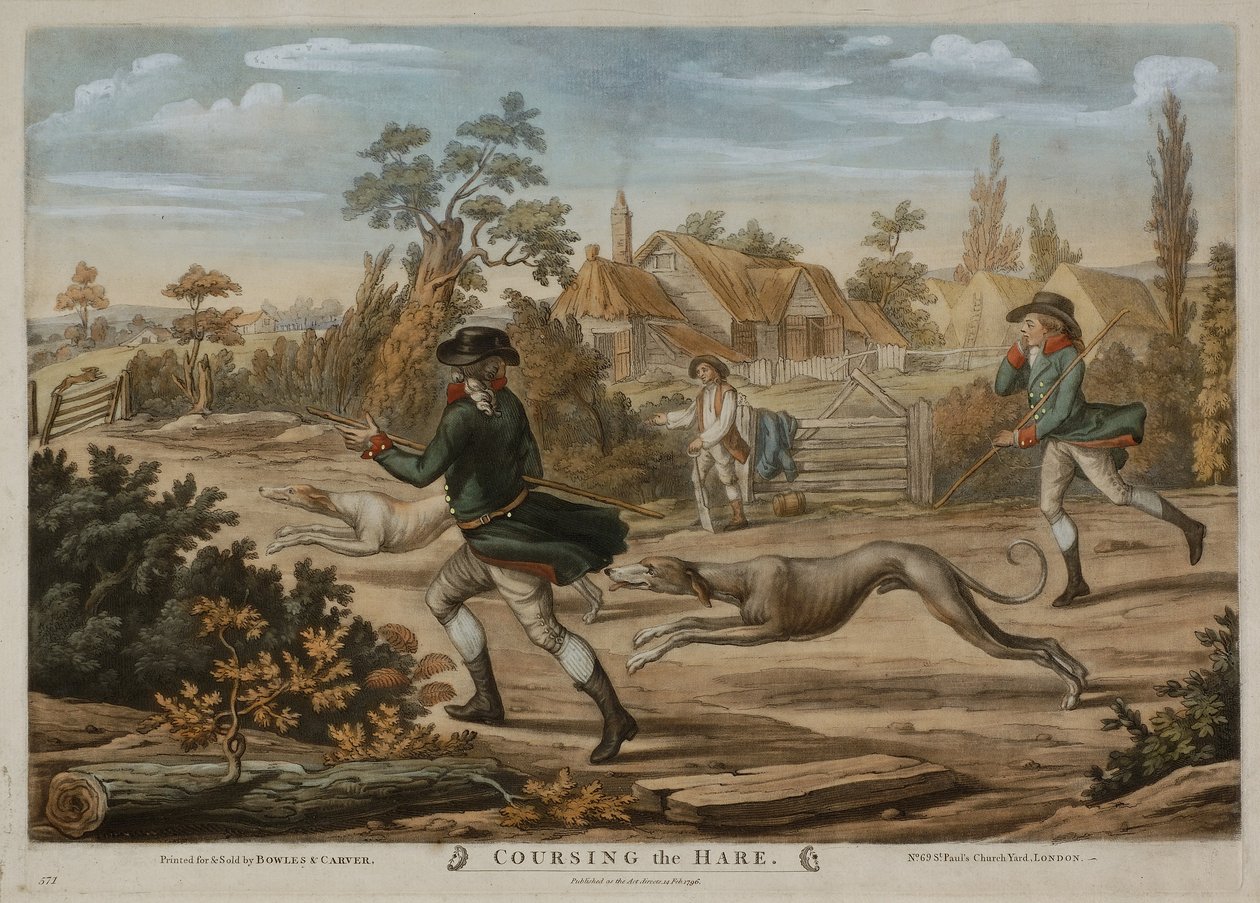 Coursing the Hare, wydrukowany dla Bowles & Carver, wydany w 1796 (mezzotinta) autorstwa Richard (after) Dighton