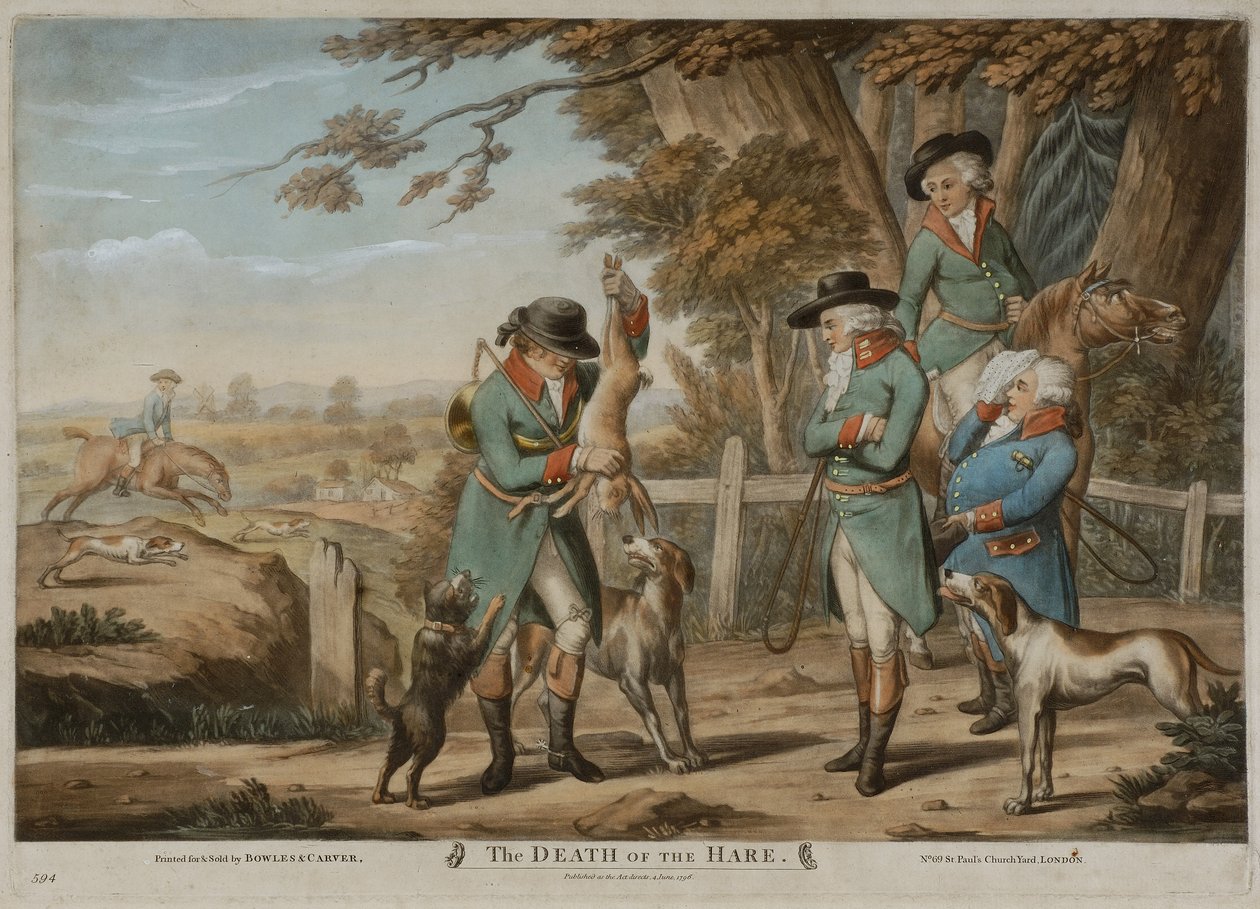 Śmierć zająca, wydrukowana dla Bowles & Carver, wydana w 1796 r. (mezzotinta) autorstwa Richard (after) Dighton