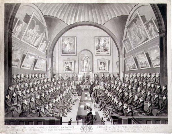 Lord Mayor, Aldermen and Common Council w Council Chamber Guildhall w Londynie, grawerowane przez Thomasa Sutherlanda (b.c.1785) opublikowane 1825 (lito) autorstwa Richard (after) Dighton