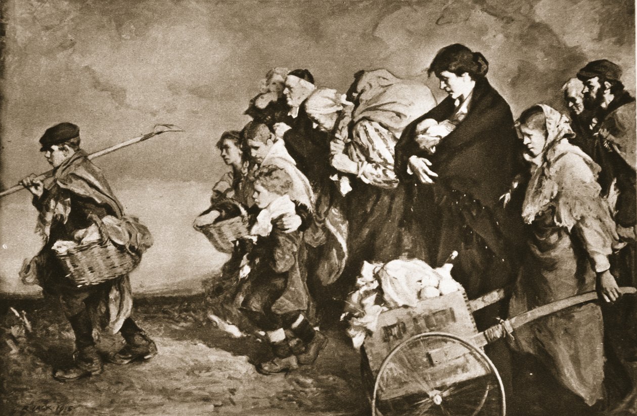„Bezdomni”, ucieczka przed niemieckimi hordami, z „The Illustrated War News” (litografia) autorstwa Richard (after) Jack