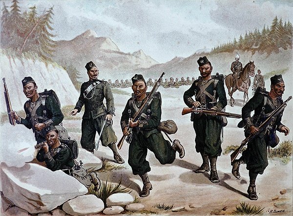 3. Potyczka Gurkhas, armia anglo-indyjska z lat 80. XIX wieku (kolor lito) autorstwa Richard (after) Simkin