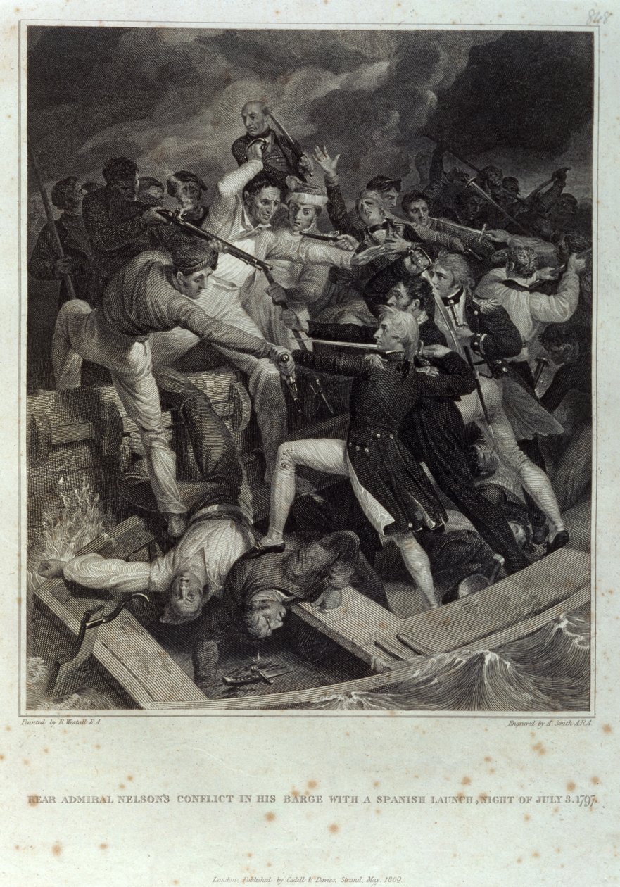 Konflikt kontradmirała Nelsona na jego barce z hiszpańską łodzią wodną, noc 3 lipca 1797, rycina A. Smith, opublikowana przez Cadell & Davies, maj 1809 (rycina) autorstwa Richard (after) Westall