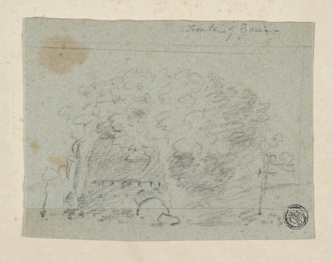 Szkic drzew w pobliżu mostu (węgiel i grafit na niebieskim papierze wykładanym, przelany na kremowy papier tkany) autorstwa Richard (attr.to) Wilson