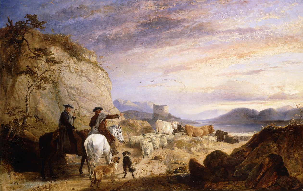 Poganiacze górskie i psy prowadzące swoje owce i bydło w skalistym, leśnym krajobrazie, 1846 autorstwa Richard Ansdell