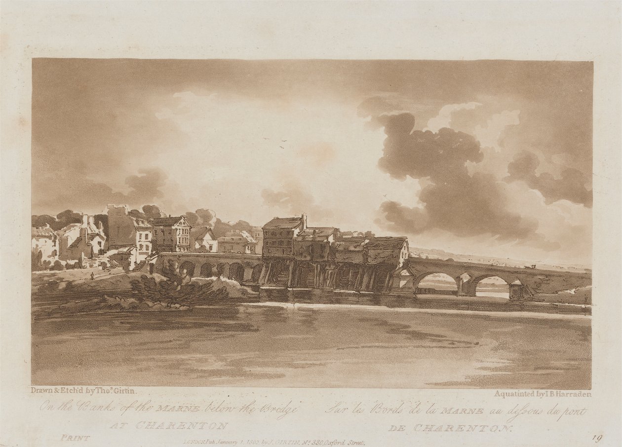 Na brzegach Marny pod mostem w Charenton 1803; Płyta 19 z Widoków w Paryżu, Emanuel Objętość śledzenia płyty B1981.25.2628 autorstwa Richard Banks Harraden