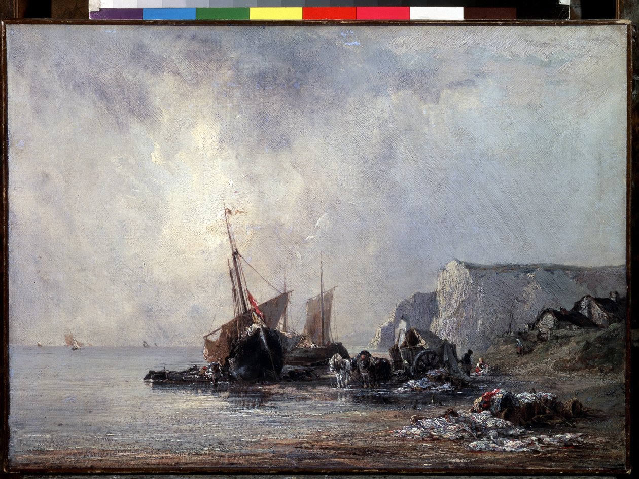 „Łodzie na wybrzeżu Normandii” (Łodzie na wybrzeżu Normandii) Obraz Richarda Parkesa Boningtona (1802-1828) 1823-1824 Wymiary 33x46 cm Sankt Petersburg, Ermitaż autorstwa Richard Bonington