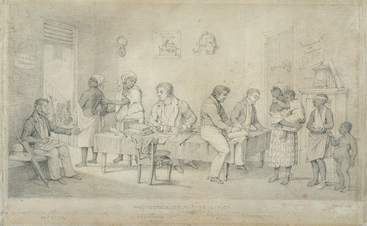 Biuro Obrońcy Niewolników, Trynidad, ok. 1833 r. (grafit na tkanym papierze) autorstwa Richard Bridgens