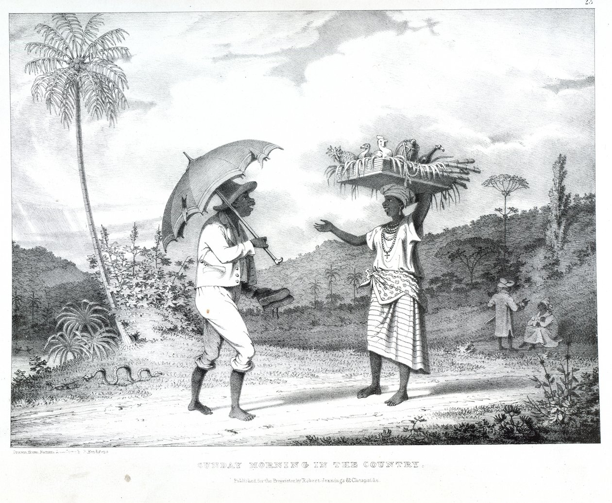 Niedzielny poranek na wsi, ilustracja ze „scenografii Indii Zachodnich” autorstwa Richard Bridgens