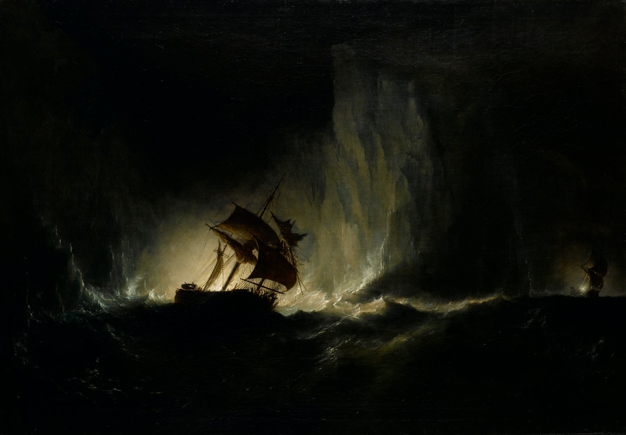 HMS "Erebus" przechodzący przez łańcuch bergów autorstwa Richard Bridges Beechey