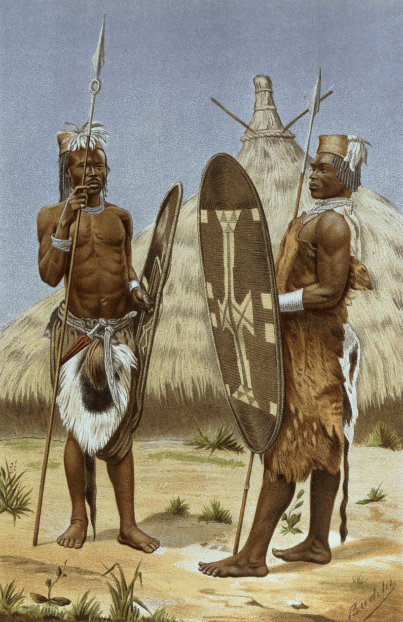 Wojownicy Nyam-nyam, z „Historii ludzkości”, tom III, autorstwa prof. Friedricha Ratzela, 1898 autorstwa Richard Buchta