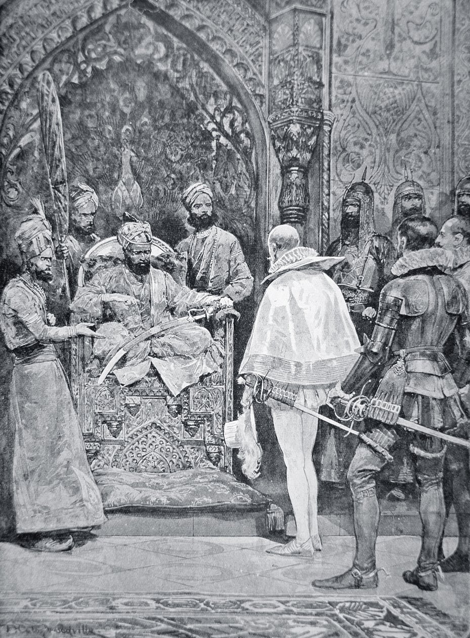 Akbar Wielki otrzymuje ambasadora królowej Elżbiety w 1599 (lito) autorstwa Richard Caton (after) Woodville
