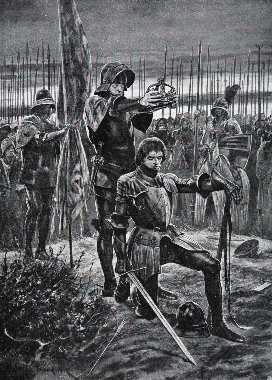 Henryk VII koronowany w Bosworth, ilustracja z „Historii narodu” (lito) autorstwa Richard Caton II (after) Woodville