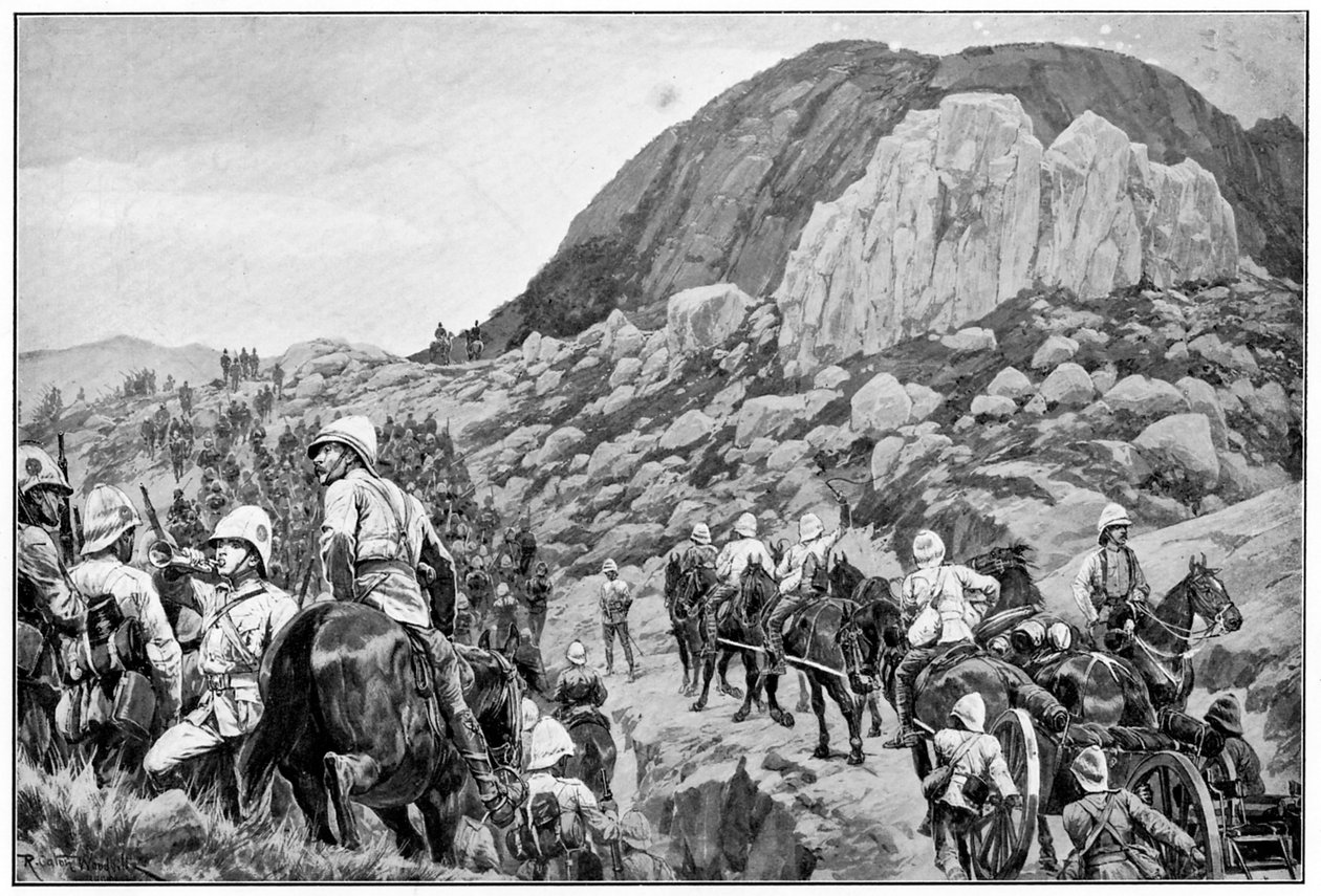 Artyleria brytyjska idąca do ataku na Spion Kop, II wojna burska, 24 stycznia 1900 autorstwa Richard Caton II Woodville
