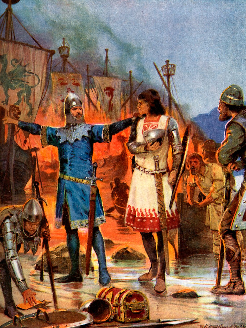 Fitz-Stephen pali swoje łodzie, 1169 AD, c1920 autorstwa Richard Caton II Woodville