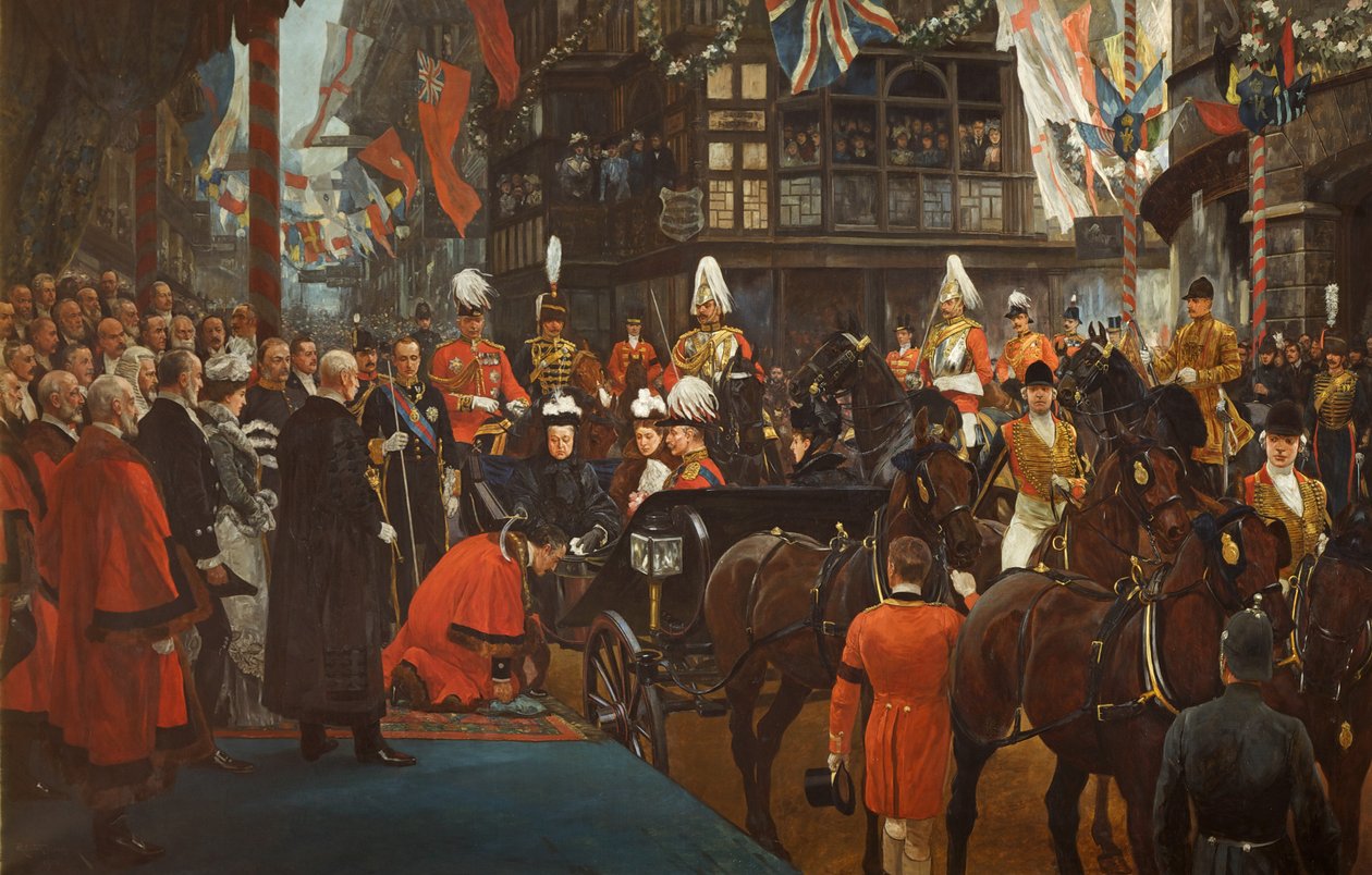 Queen Victoria Knighting Herbert Ashman, Esq., Pierwszy Lord Burmistrz Bristolu, w Council House, 12 listopada autorstwa Richard Caton II Woodville