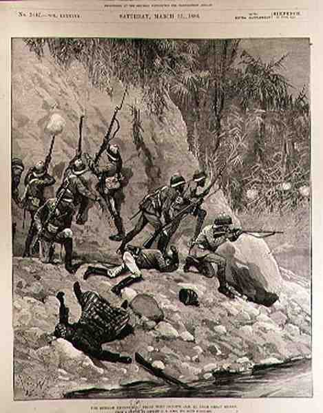The Birmah Expedition: Fight with Dacoits, 12 stycznia, w pobliżu Shoay Green, z The Illustrated London News, 13 marca 1886 autorstwa Richard Caton II Woodville