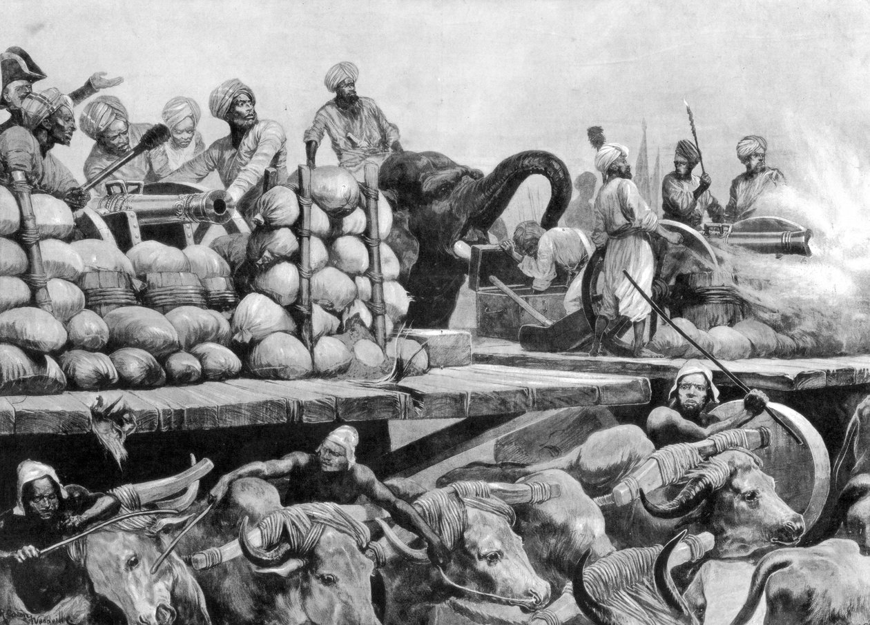 Artyleria Nawab Siraj Ud Daulahs na ruchomej platformie, Indie, 1757, 1893. autorstwa Richard Caton II Woodville