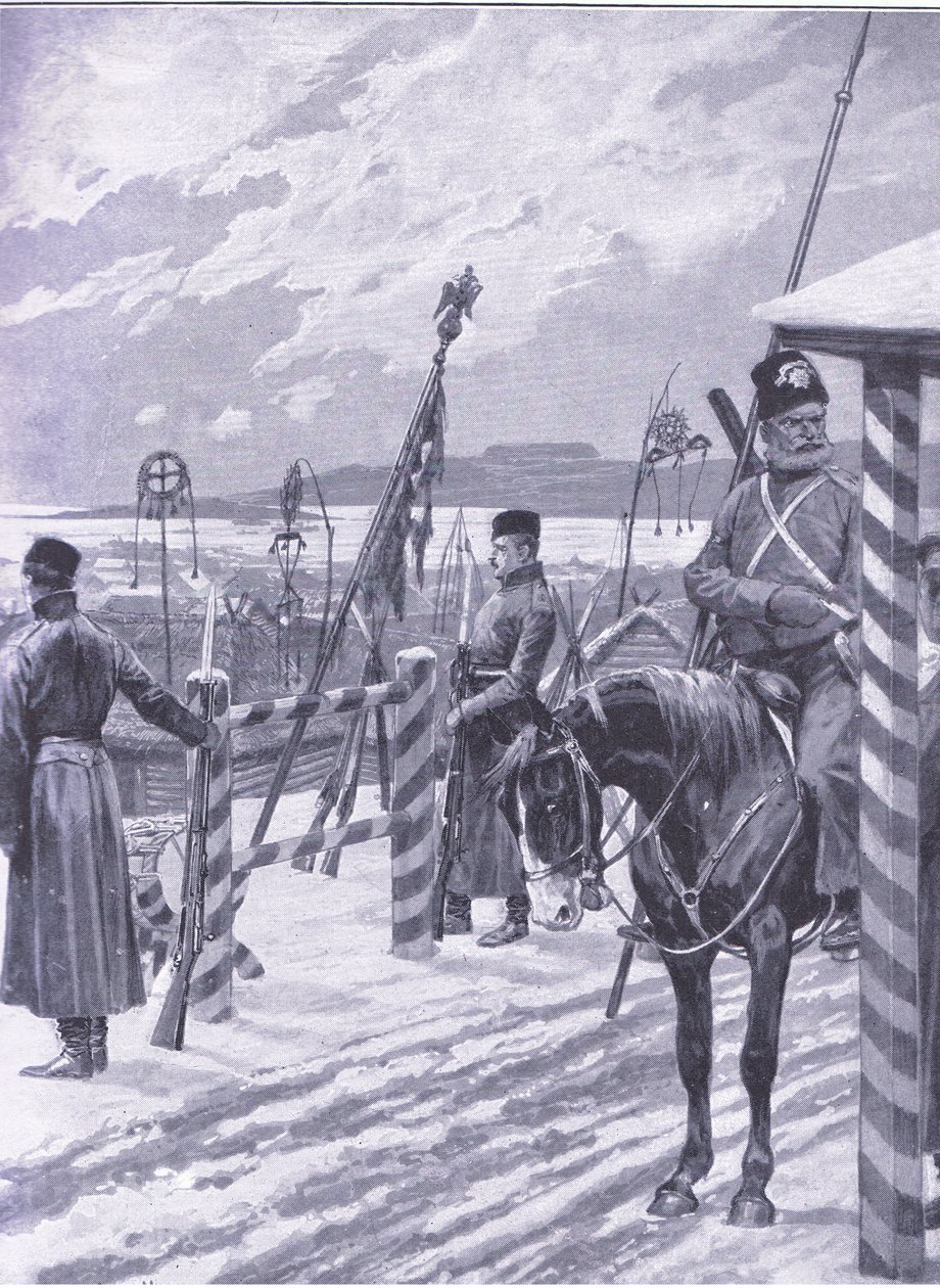 Stacja kozacka w Mandżurii ze znakami plemiennymi nad męskimi chatami, ilustracja z Cassells History of the rosyjsko-japońskiej wojny t. 1, ok. 1900 autorstwa Richard Caton Woodville