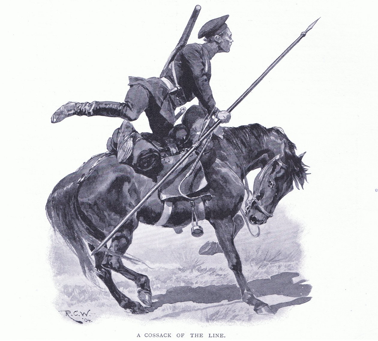 Kozak linii, ilustracja z Historii wojny rosyjsko-japońskiej Cassells t. 1, ok. 1900 autorstwa Richard Caton Woodville