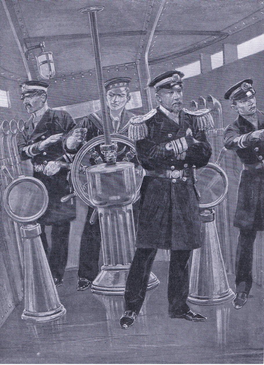 Admirał Togo w kiosku swojego okrętu flagowego, kierujący akcją morską, ilustracja z Cassells History of the rosyjsko-japońskiej wojny t. 1, ok. 1900 autorstwa Richard Caton Woodville