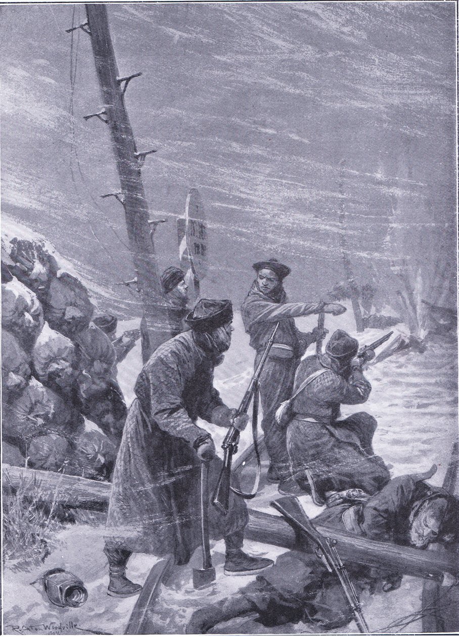Atak na linię kolejową przez Chunchuses, ilustracja z Cassells History of the rosyjsko-japońskiej wojny t. 1, ok. 1900 autorstwa Richard Caton Woodville