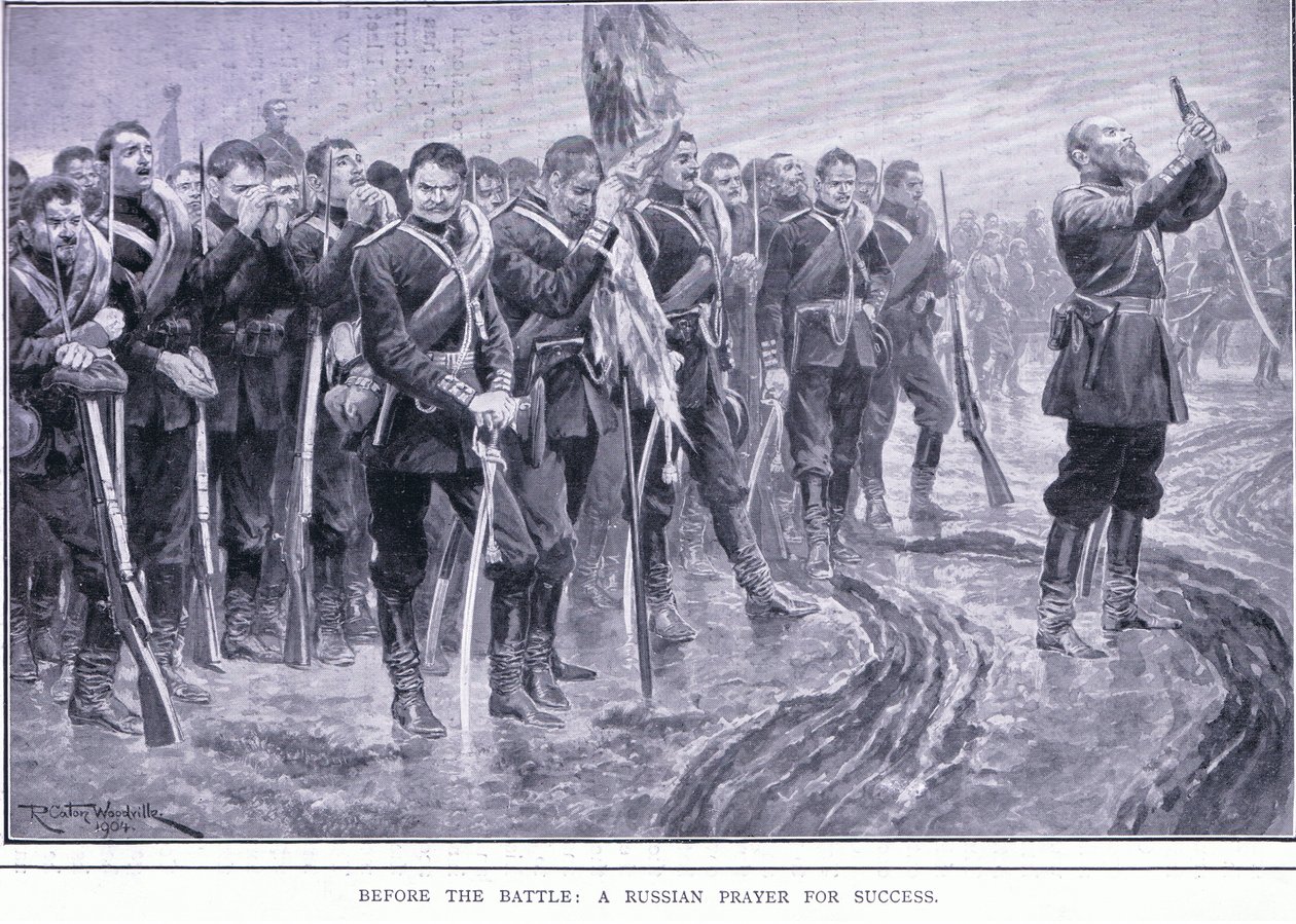 Przed bitwą: rosyjska modlitwa o sukces, ilustracja z Historii wojny rosyjsko-japońskiej Cassells t. 1, ok. 1900 autorstwa Richard Caton Woodville