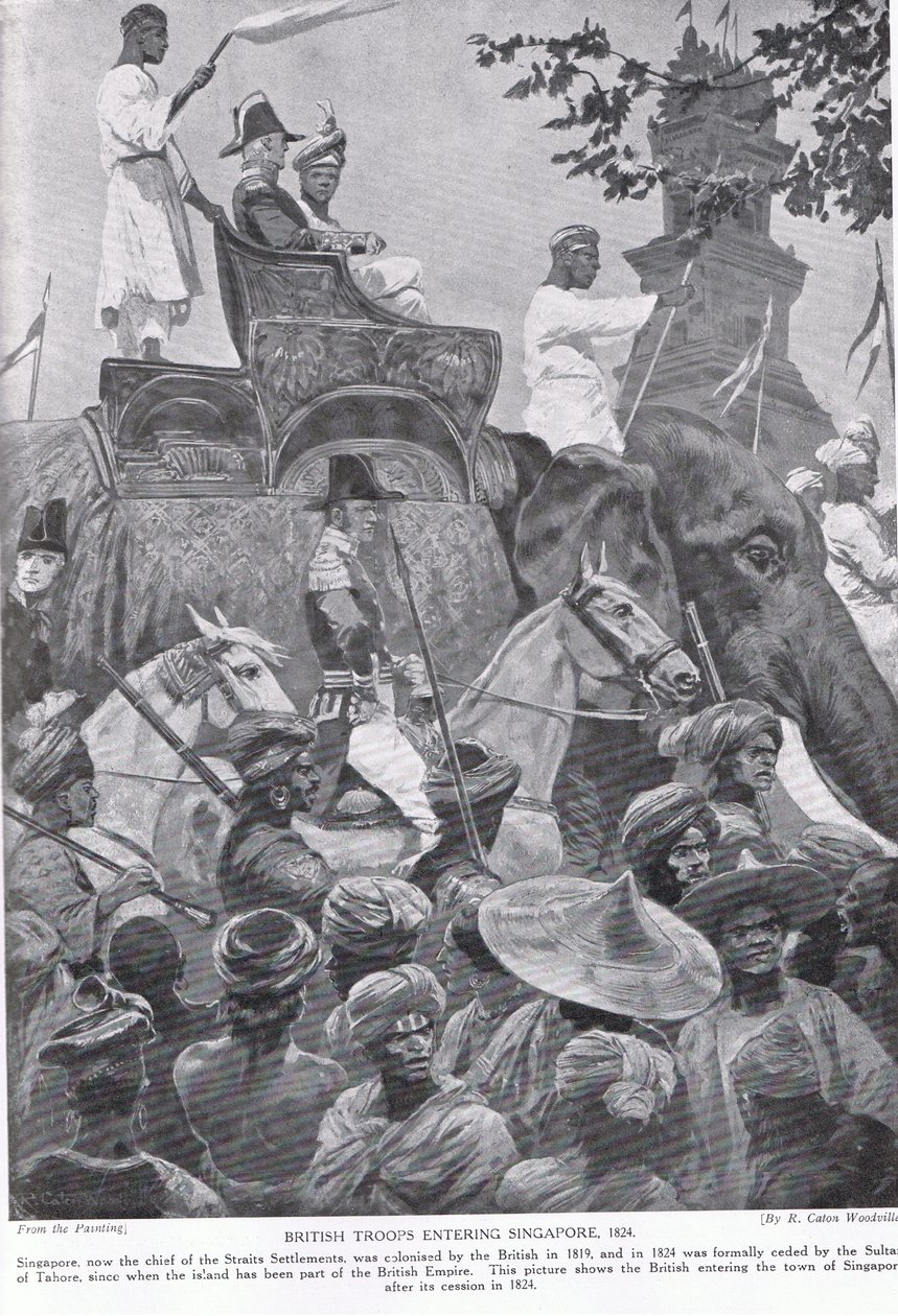 Wojska brytyjskie wkraczające do Singapuru, 1824, ilustracja z „Hutchinson