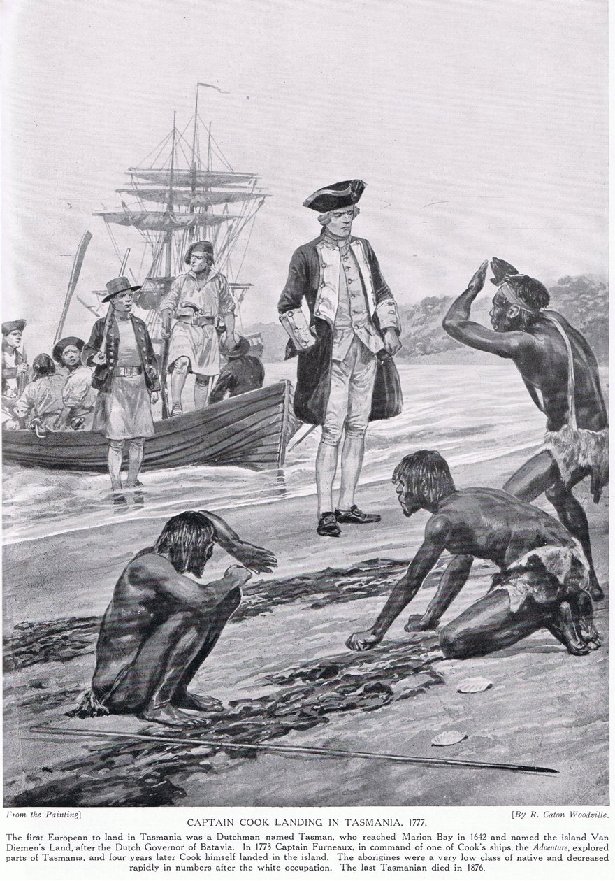 Kapitan Cook lądujący na Tasmanii, 1777, ilustracja z "Hutchinson