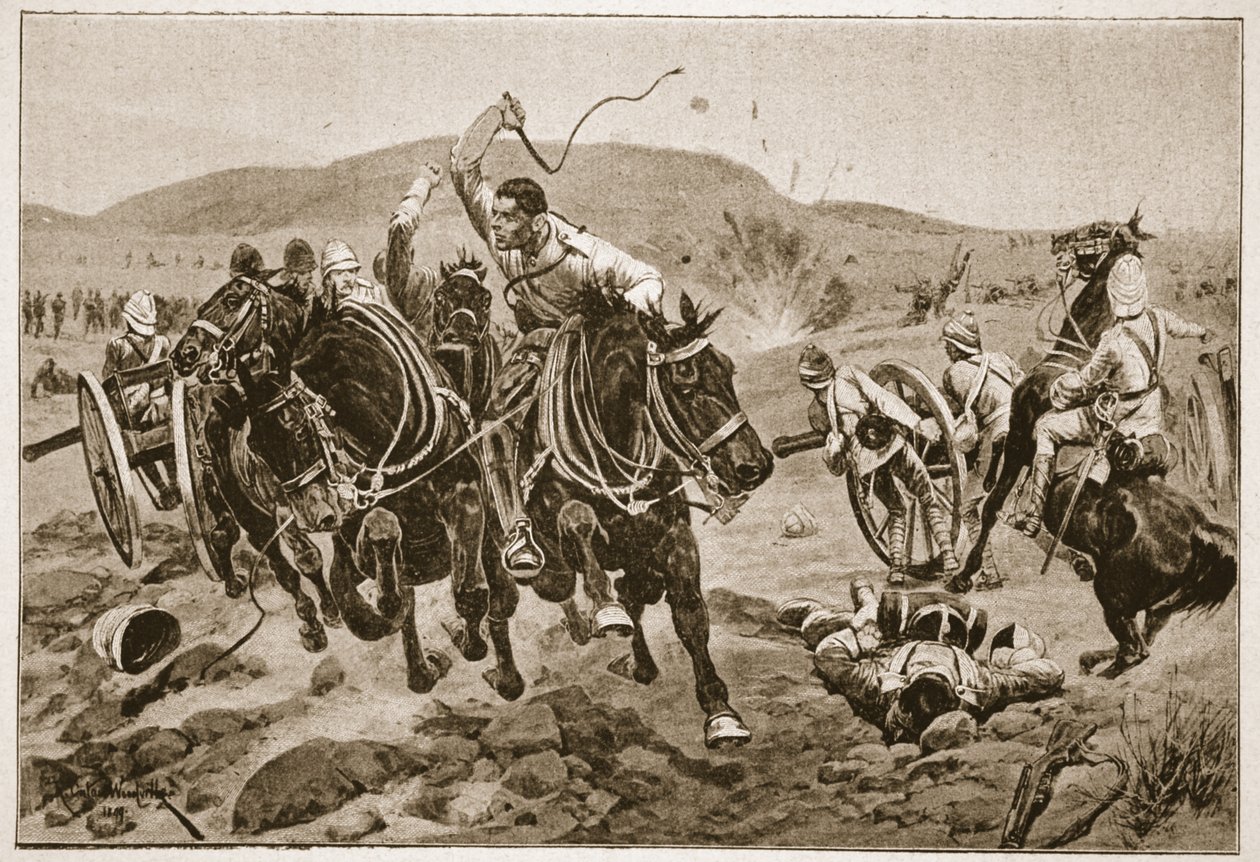 Artyleria polowa w akcji, ilustracja z „Bitwy XIX wieku”, tom. VI: Wojna burska z lat 1899-1900