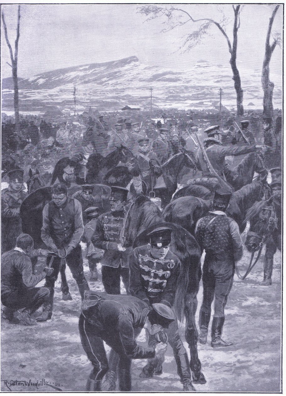 Obóz japońskiej kawalerii w Seulu: Kowale przy pracy, ilustracja z Historii wojny rosyjsko-japońskiej Cassells, t. 1, ok. 1900 autorstwa Richard Caton Woodville