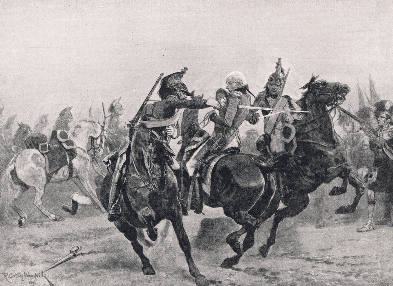 Atak na Sir Ralpha Abercrombiego przez francuskich dragonów, ilustracja z „British Battles on Land and Sea”, wydanej przez Cassell, Londyn, ok. 1910 autorstwa Richard Caton Woodville