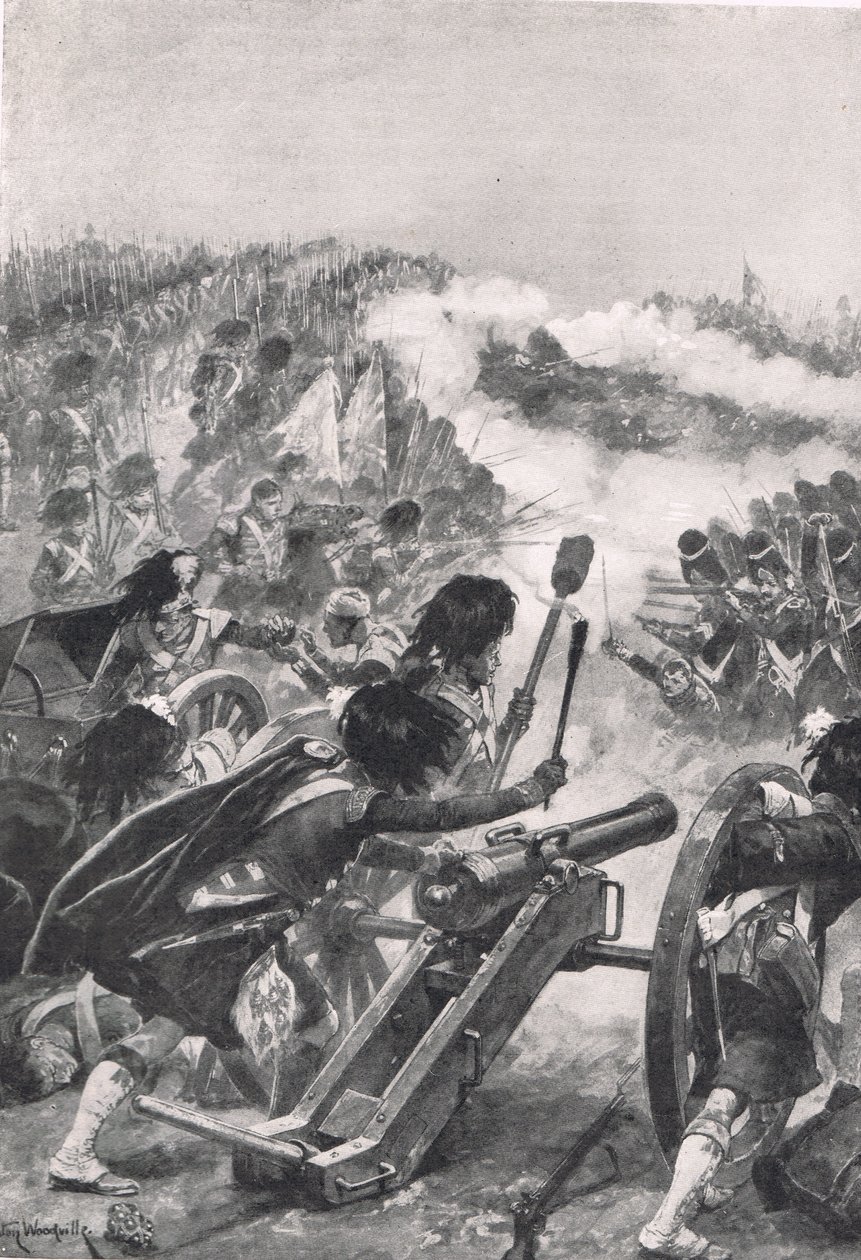 Górale obracający zdobyte francuskie działa na bataliony Brenniers, ilustracja z "British Battles on Land and Sea", wydana przez Cassell, Londyn, ok. 1910 r. autorstwa Richard Caton Woodville