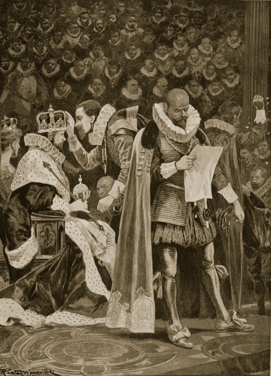 Hołd, hołd i generalne ułaskawienie podczas koronacji Jakuba I i Anny z Danii, 25 lipca 1603, z „The Illustrated London News”, 1902 autorstwa Richard Caton Woodville
