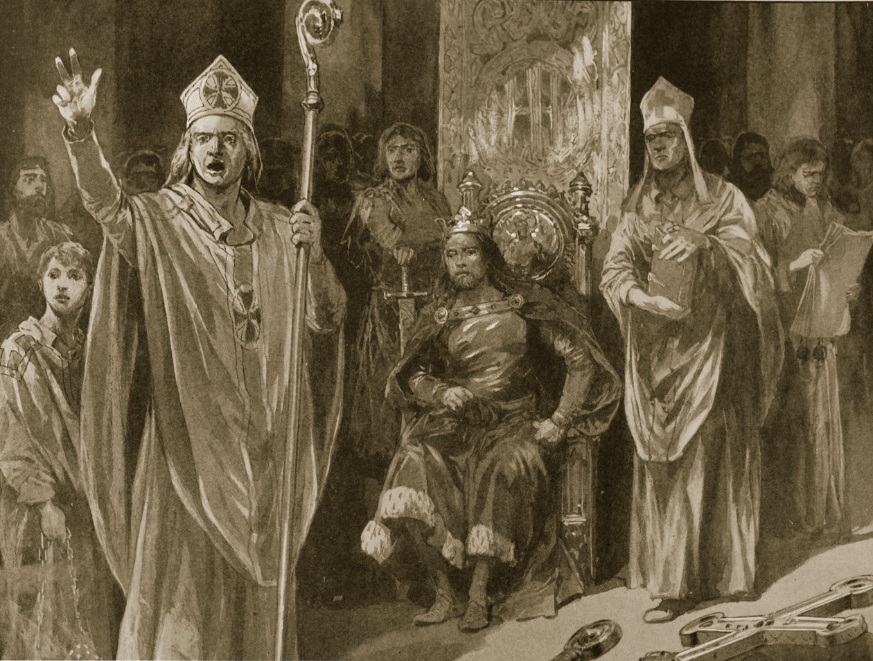 Oracja Huberta Waltera, arcybiskupa Canterbury, podczas koronacji Jana, Dzień Wniebowstąpienia, 27 maja 1199, z „The Illustrated London News”, 1902 autorstwa Richard Caton Woodville