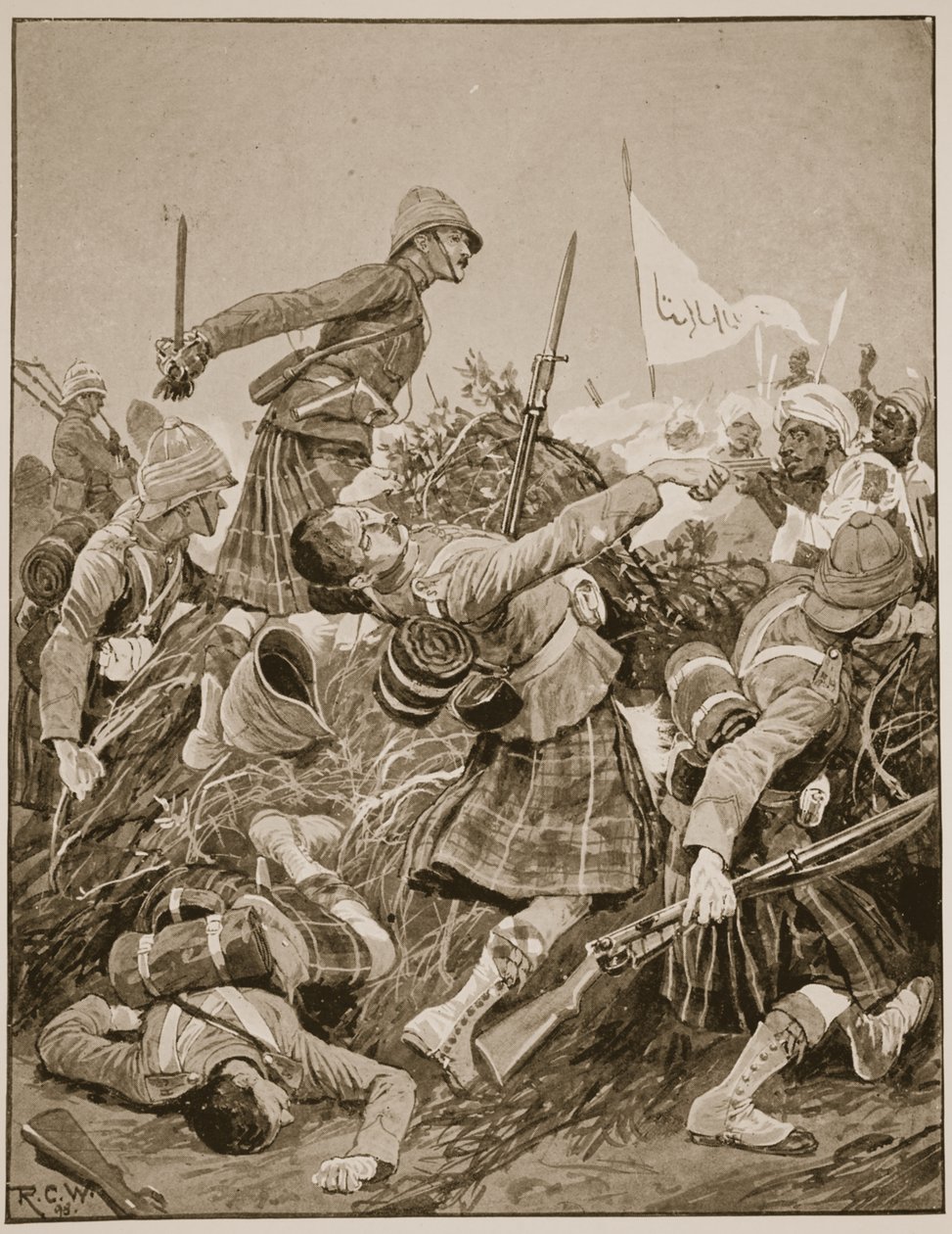 Seaforth Highlanders szturmujący Zerebę w bitwie pod Atbarą, ilustracja z „Bitwy XIX wieku”, tom. V: Kampanie lat dziewięćdziesiątych — A. Hilliard Atteridge autorstwa Richard Caton Woodville