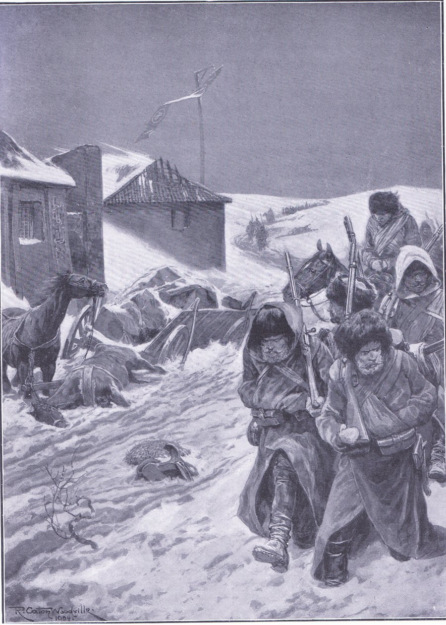 Niekończący się marsz na wschód: znajomy widok po drodze, ilustracja z Cassells History of the rosyjsko-japońskiej wojny t. 1, ok. 1900 autorstwa Richard Caton Woodville