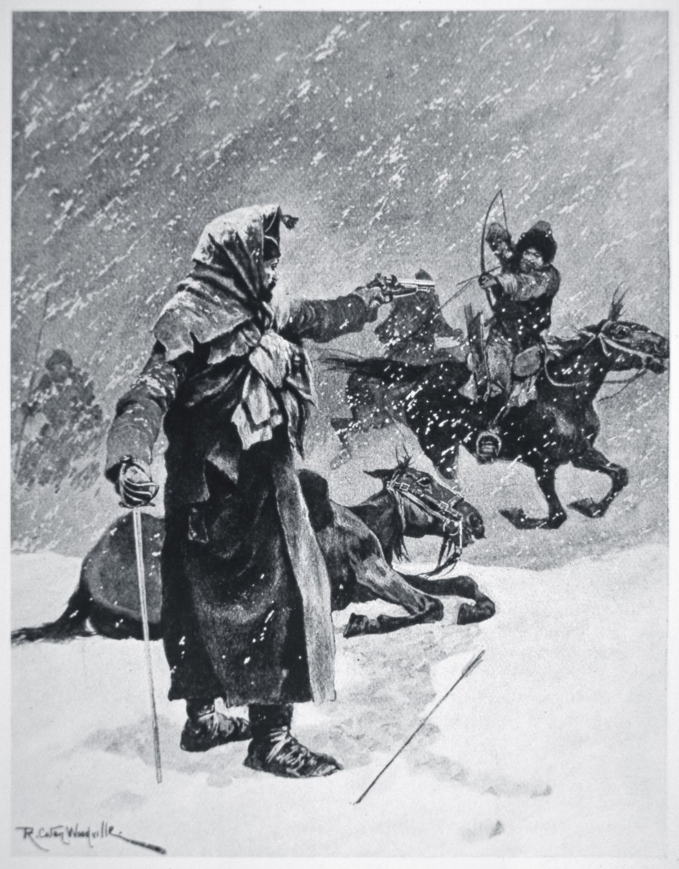 turecko-baszkirscy łucznicy kozacy nękali i ścigali odwrót armii napoleońskiej z Rosji w 1812 r. (kolor lito) autorstwa Richard Caton Woodville