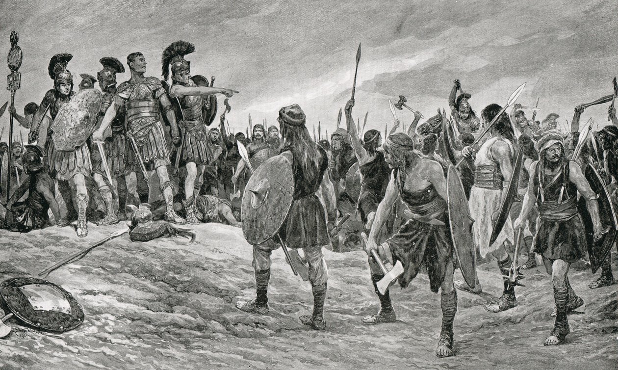 Wespazjan uratowany przez syna Tytusa, ilustracja z „Historii Narodów Hutchinsona”, c.1910 autorstwa Richard Caton Woodville