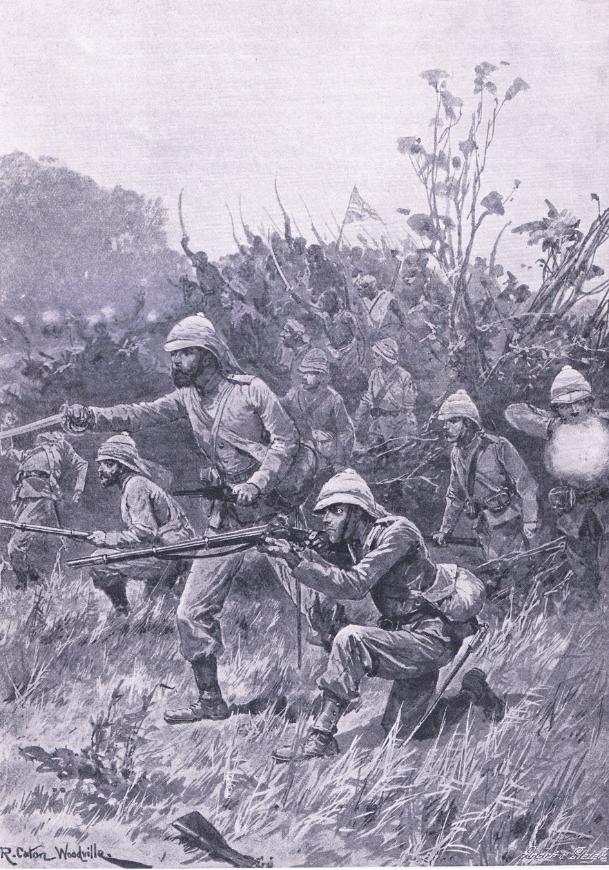 Natarcie sił brytyjskich w kampanii Aszanti w 1873 r., ilustracja z brytyjskich bitew lądowych i morskich, 1915 r. autorstwa Richard Caton Woodville junior