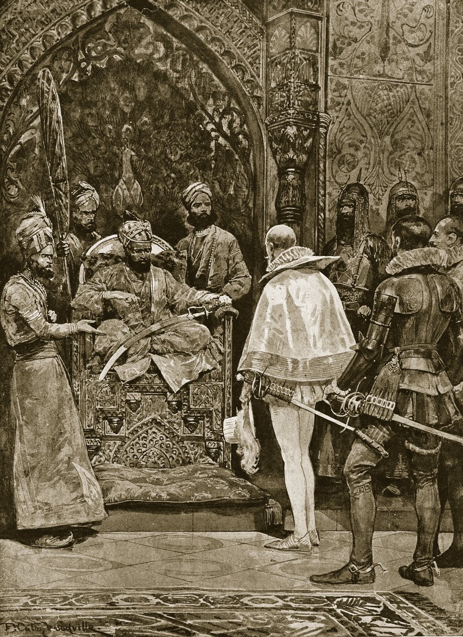 Wczesna ambasada angielska w Indiach, 1599, ilustracja z „Hutchinson