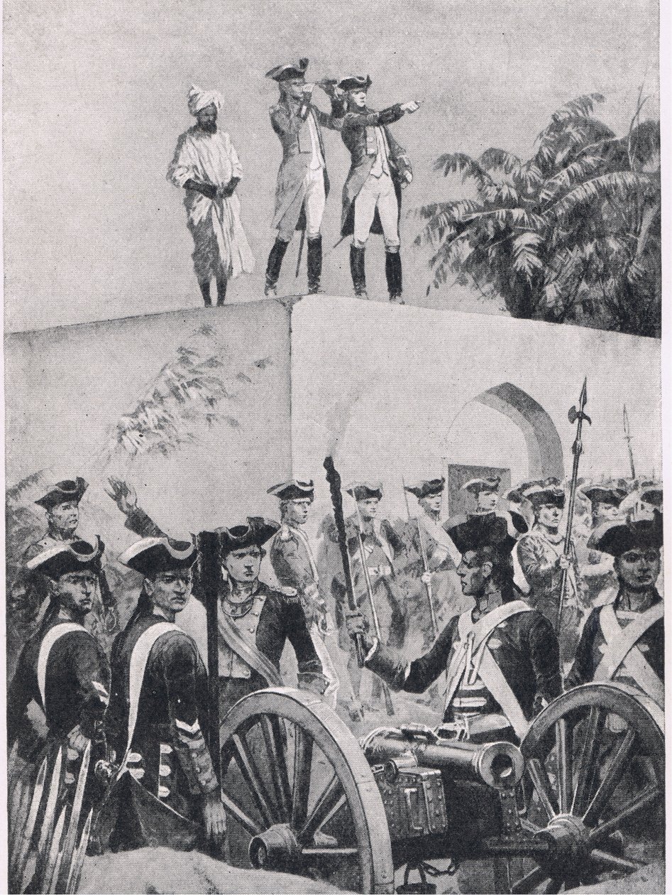 Bitwa pod Plassey, 23 czerwca 1757: Clive na dachu domku myśliwskiego Nawab Surat-ud-Daulah, ilustracja z brytyjskich bitew na lądzie i morzu, 1915 autorstwa Richard Caton Woodville junior