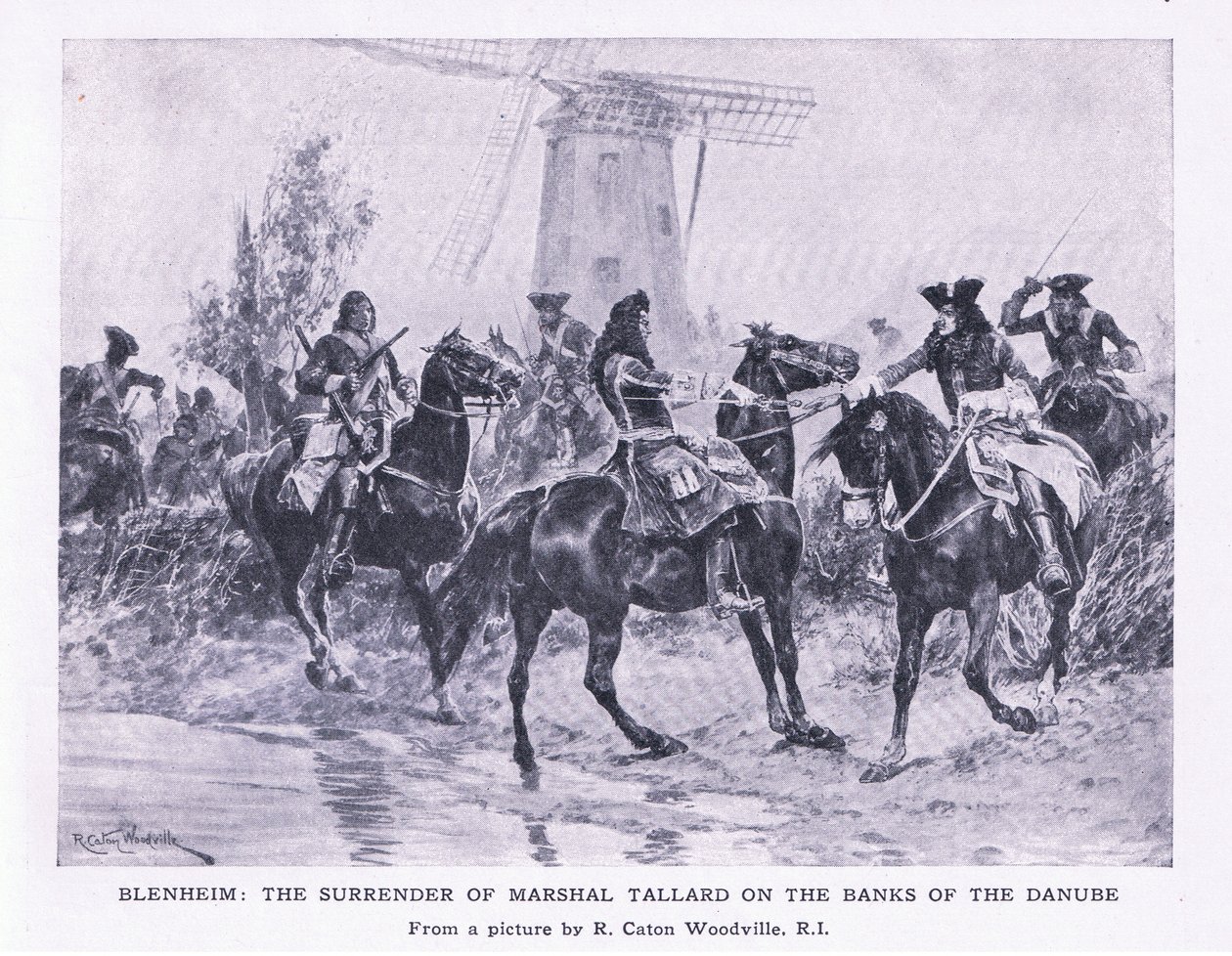 Blenheim, 13 sierpnia 1704: Poddanie się Marshalla Tallarda nad brzegiem Dunaju, ilustracja z brytyjskich bitew lądowych i morskich, 1915 autorstwa Richard Caton Woodville junior
